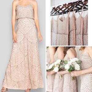NWT ADRIANNA PAPELL DRESS ART DECO SEQUIN BEADED BLOUSON LONG MAXI TAUPE PINK